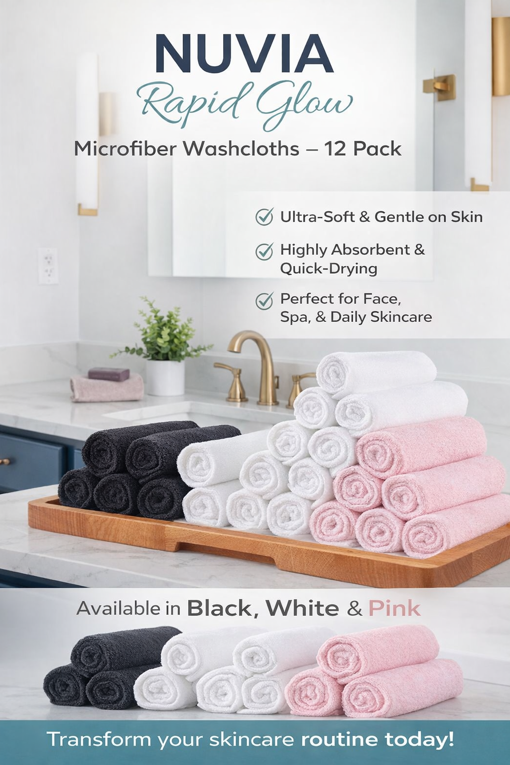 NUVIA Rapid Glow Microfiber Washcloths 12 Pack, Highly Absorbent and Soft Face Towel 12x12 Inch